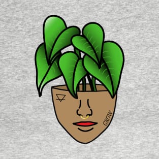 Multicultural Tropical Plant Person with Face Tattoos and Septum Piercing, Medium Skin T-Shirt